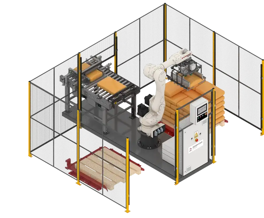 Automatic palletizer for bags with bulk products.