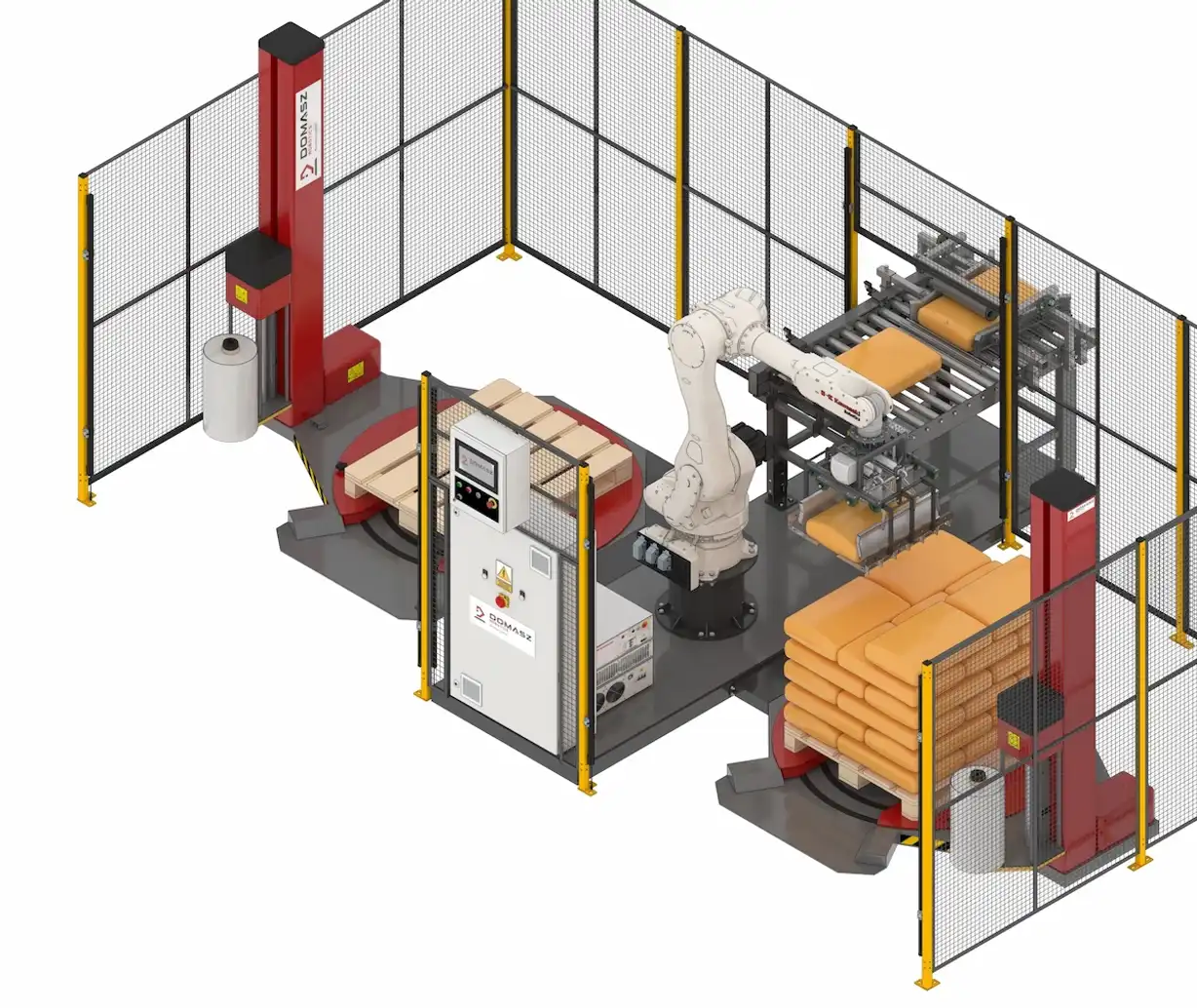 Render of palletizer for unstable products, e.g. bags.