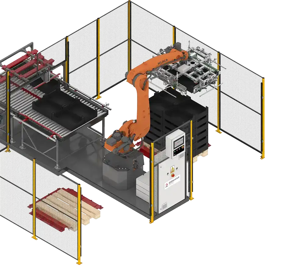 Single palletizer for boxes and cartons.